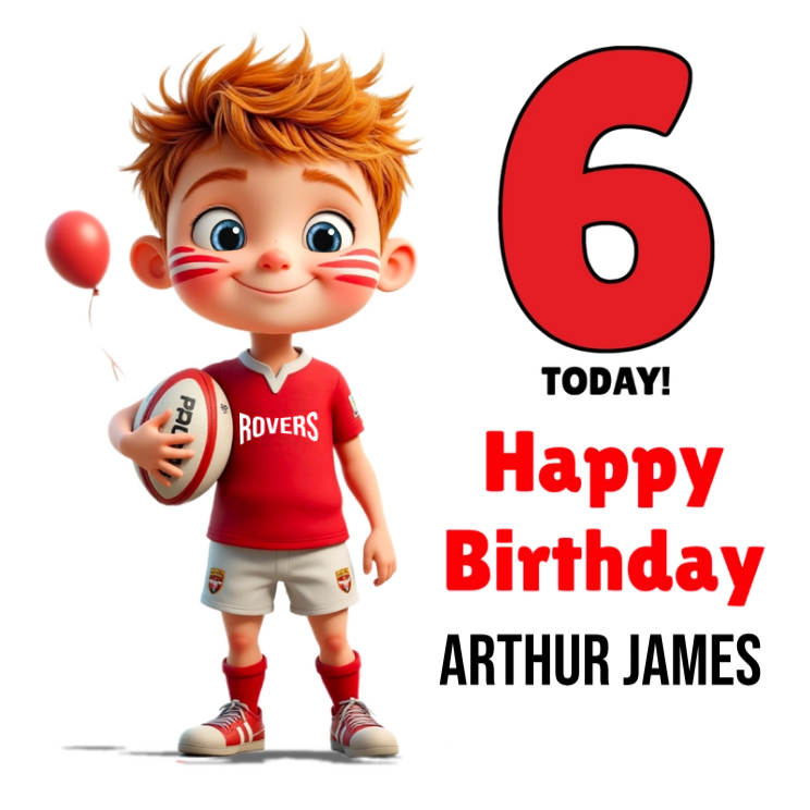 Rugby Boy Card - Red Hair, Red & White Kit