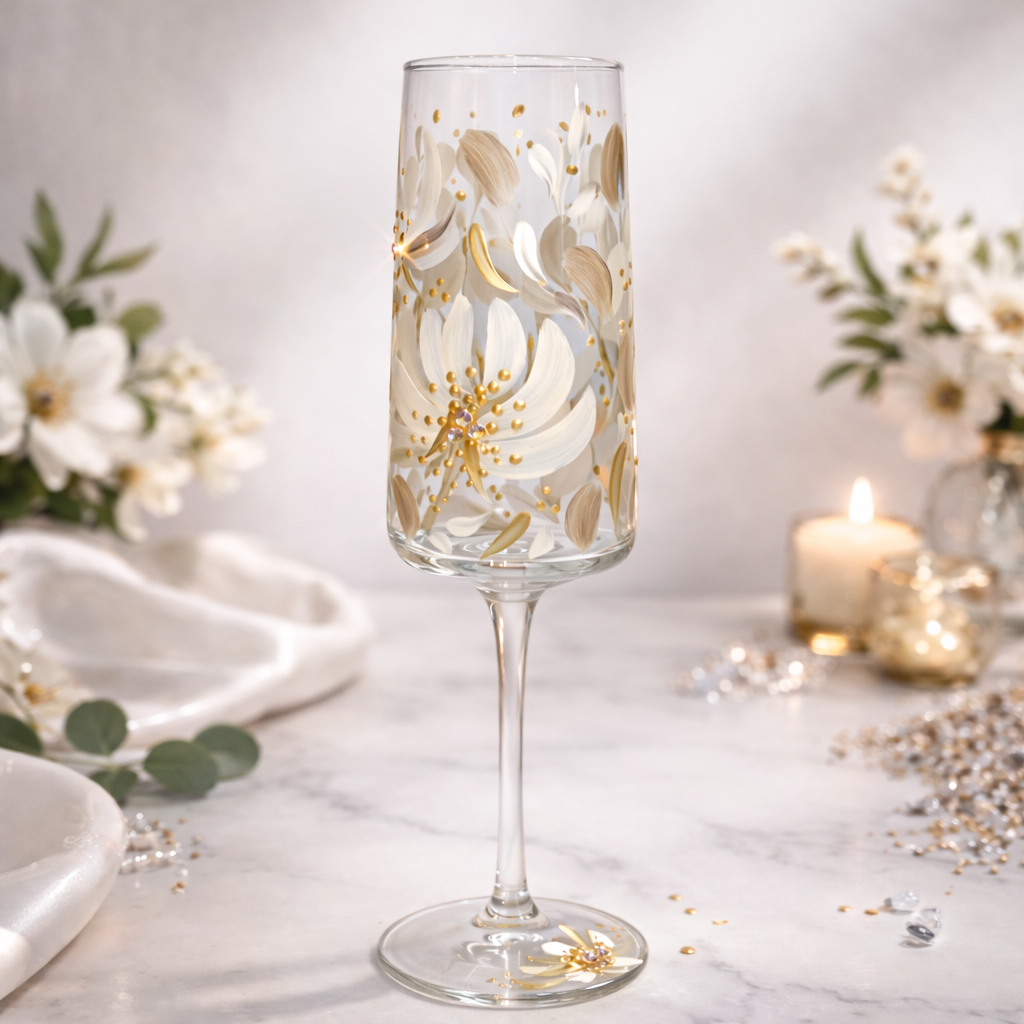 Hand Painted Personalised Champagne Flute - Champagne Petal Design
