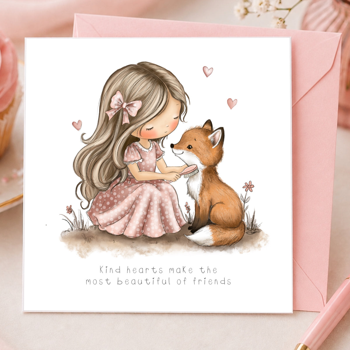A square greeting card featuring a watercolor-style illustration of a young girl in a pink dress sitting with a fox, with small hearts and the text 'Kind hearts make the most beautiful of friends.' A pink envelope is placed behind the card on a soft pastel surface.