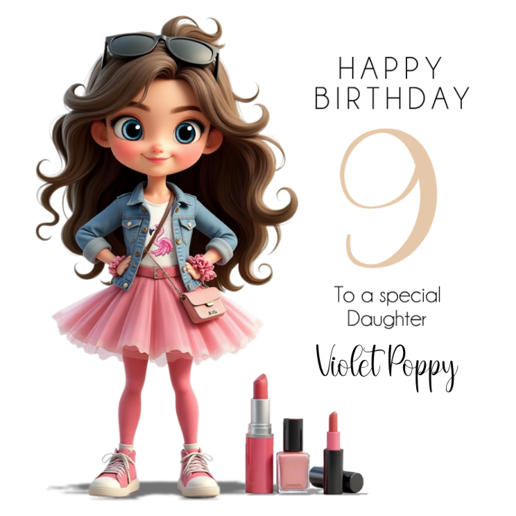 Personalised Girl’s Birthday Card – Brunette Character (Add Any Age 1-9 Years)