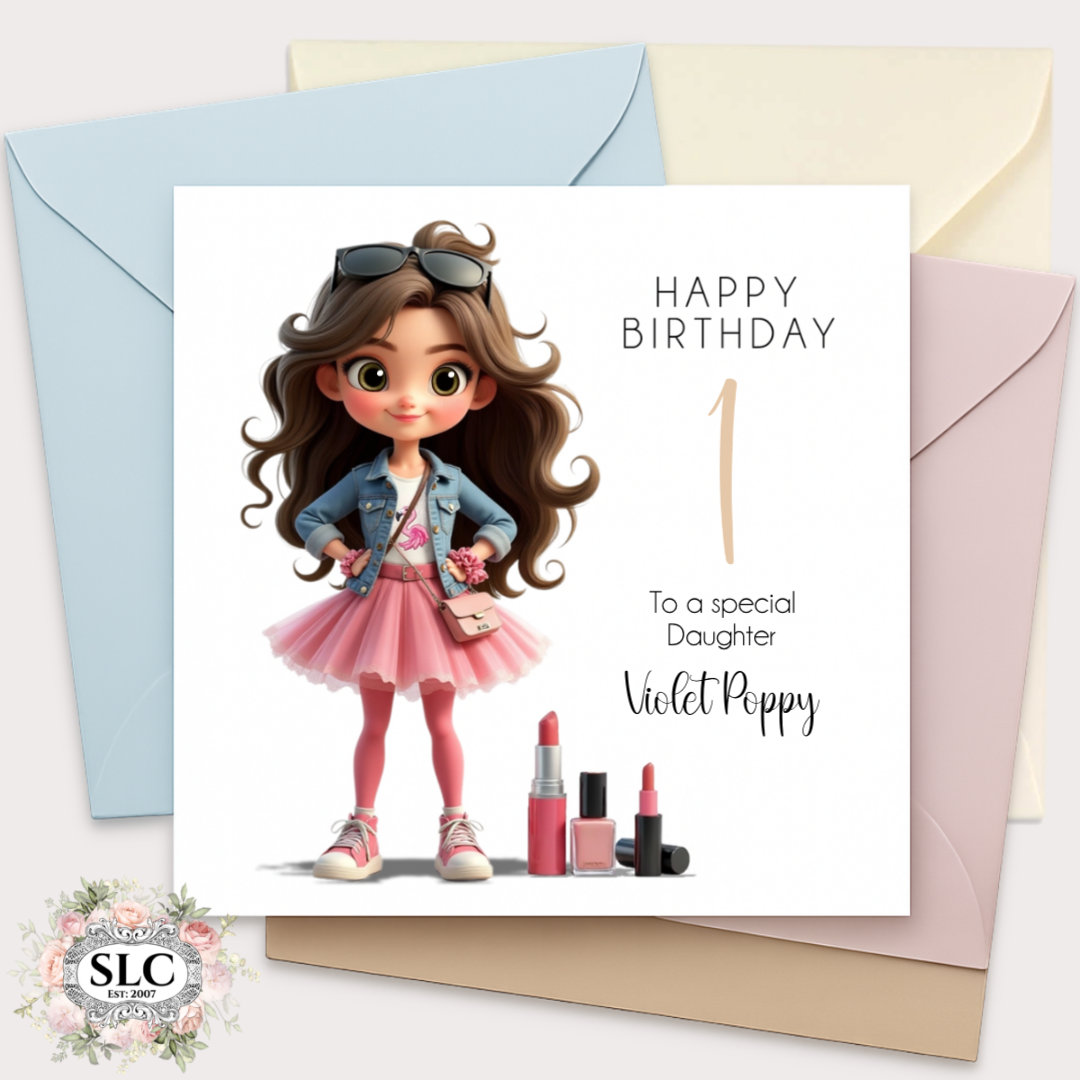 Personalised Girl’s Birthday Card – Brunette Character (Add Any Age 1-9 Years)