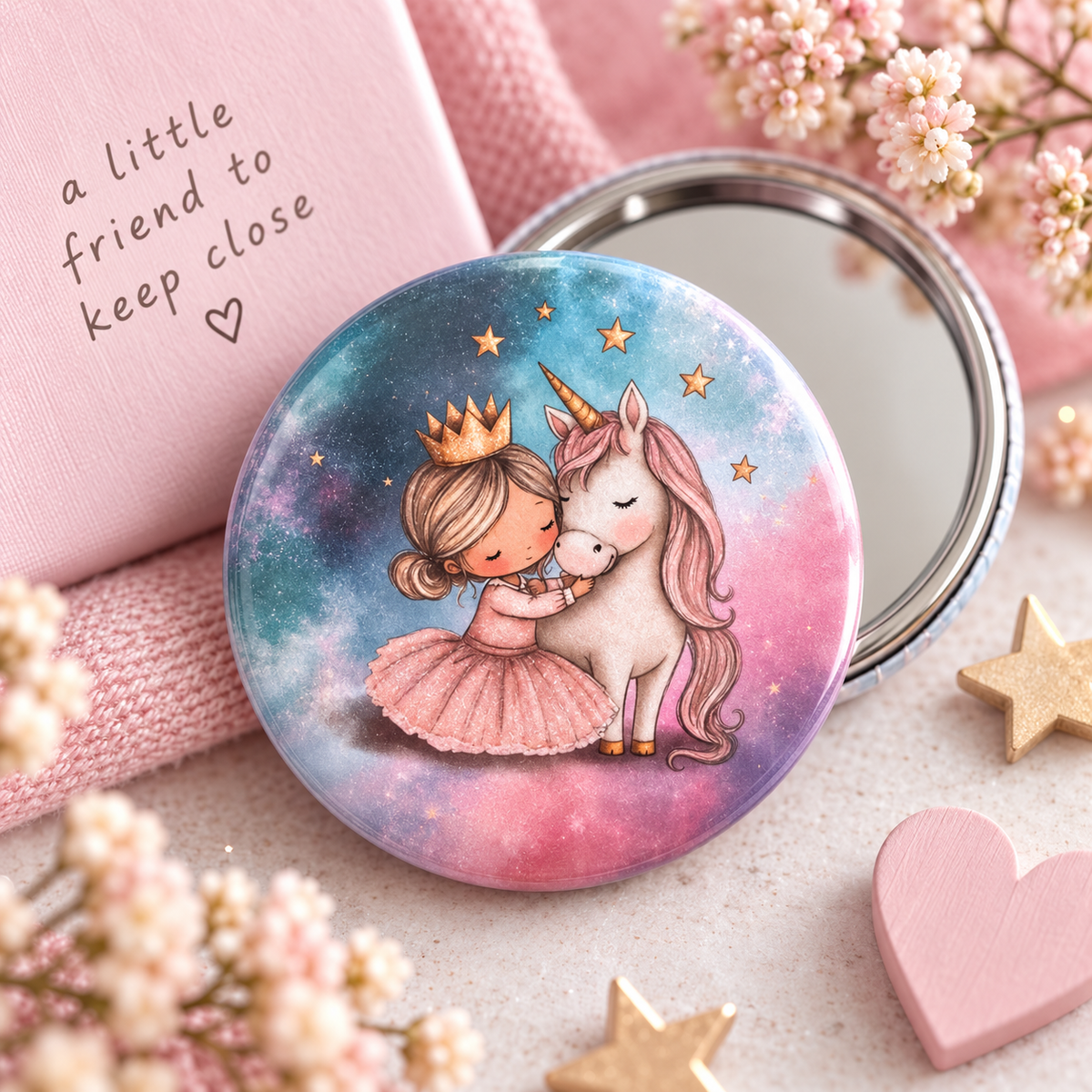 A round compact mirror with a pastel unicorn and princess illustration, shown beside its pink box on a soft pink styled surface with flowers and star decorations.