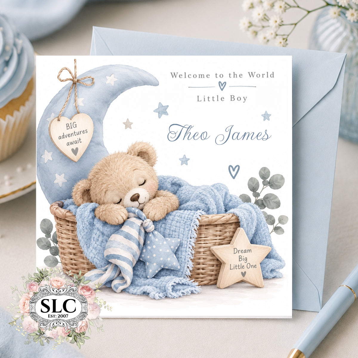 Personalised New Baby Boy Card | Sleeping Teddy Bear