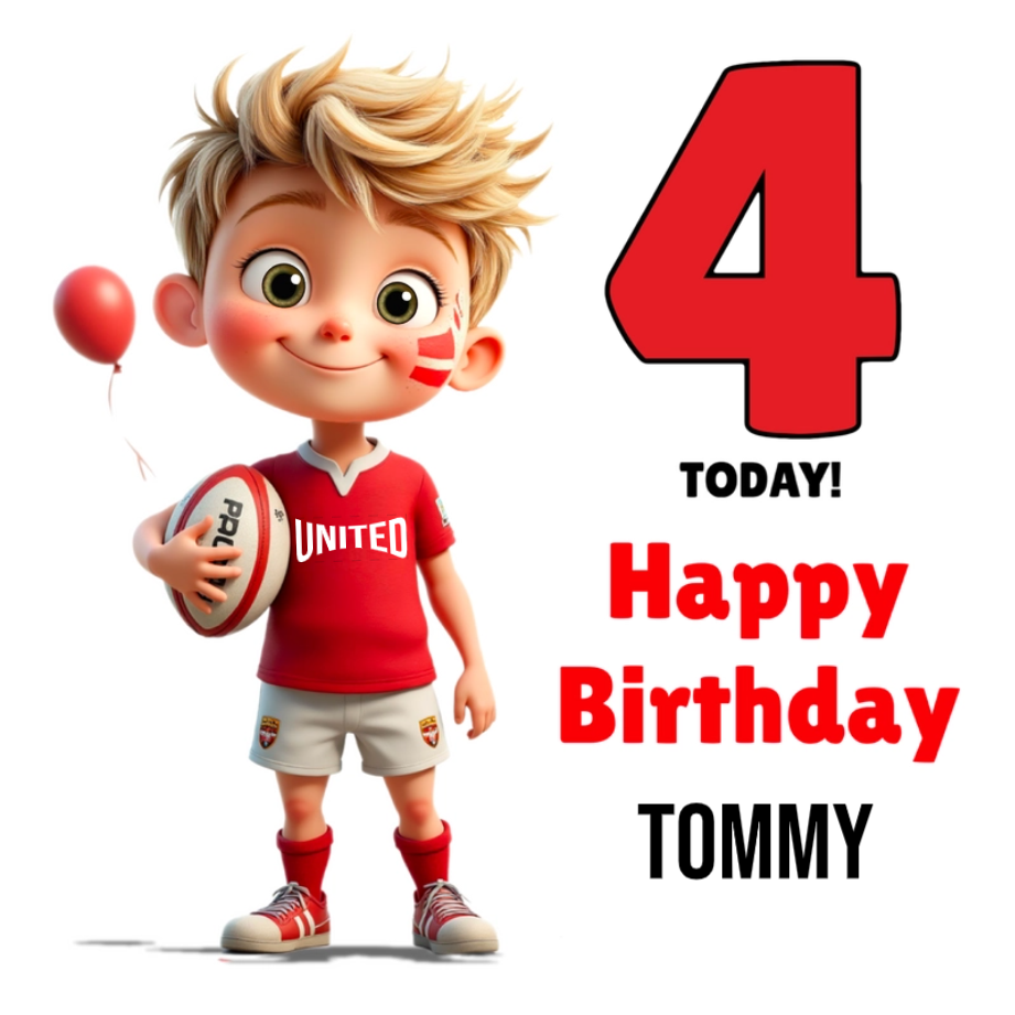 Rugby Boy Card - Blonde Hair, Red & White Kit