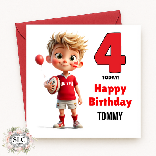Rugby Boy Card - Blonde Hair, Red & White Kit