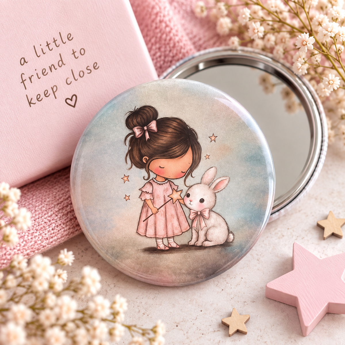 A round vanity mirror with a pastel illustration of a girl in a pink dress and a white rabbit, styled on a light surface with a pink box, flowers, and wooden star props. illustration by scruffy little cat