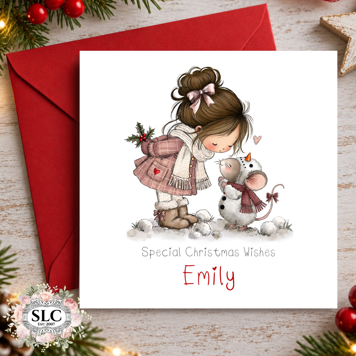 Personalised Little Companions Christmas card featuring Holly and Squeak in the snow by scruffy little cat