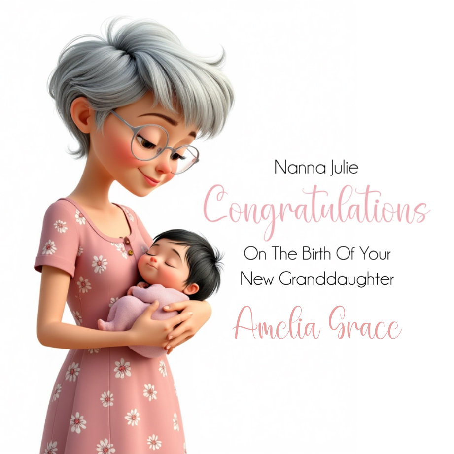 Personalised New Baby Congratulations Card – Grandma & Baby Girl Design