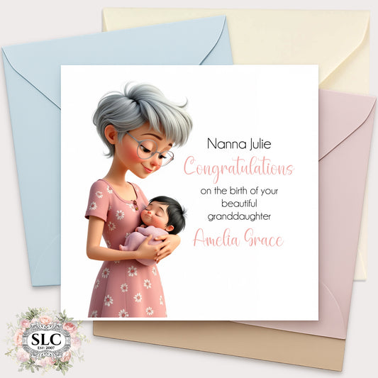 Personalised New Baby Congratulations Card – Grandma & Baby Girl Design