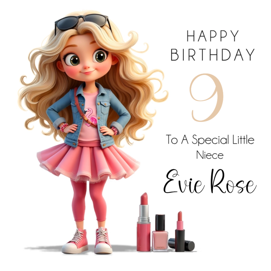 Personalised Girl’s Birthday Card – Blonde Character (Add Any Age 1-9 Years)