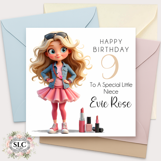 Personalised Girl’s Birthday Card – Blonde Character (Add Any Age 1-9 Years)