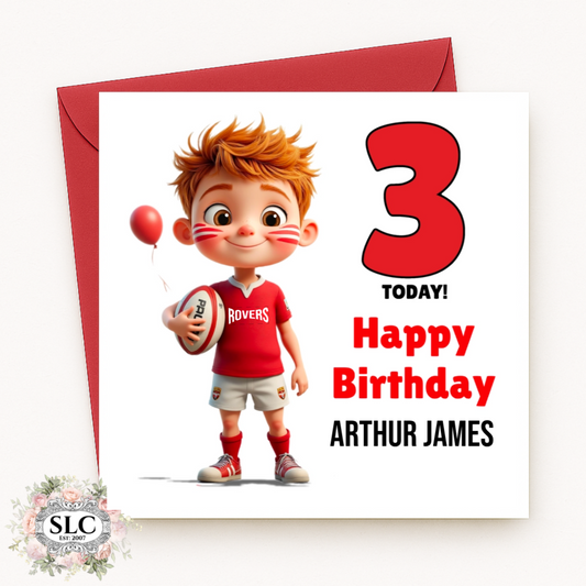 Rugby Boy Card - Red Hair, Red & White Kit