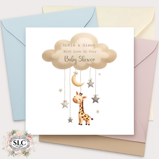 Personalised Baby Shower Card – Giraffe & Cloud Design