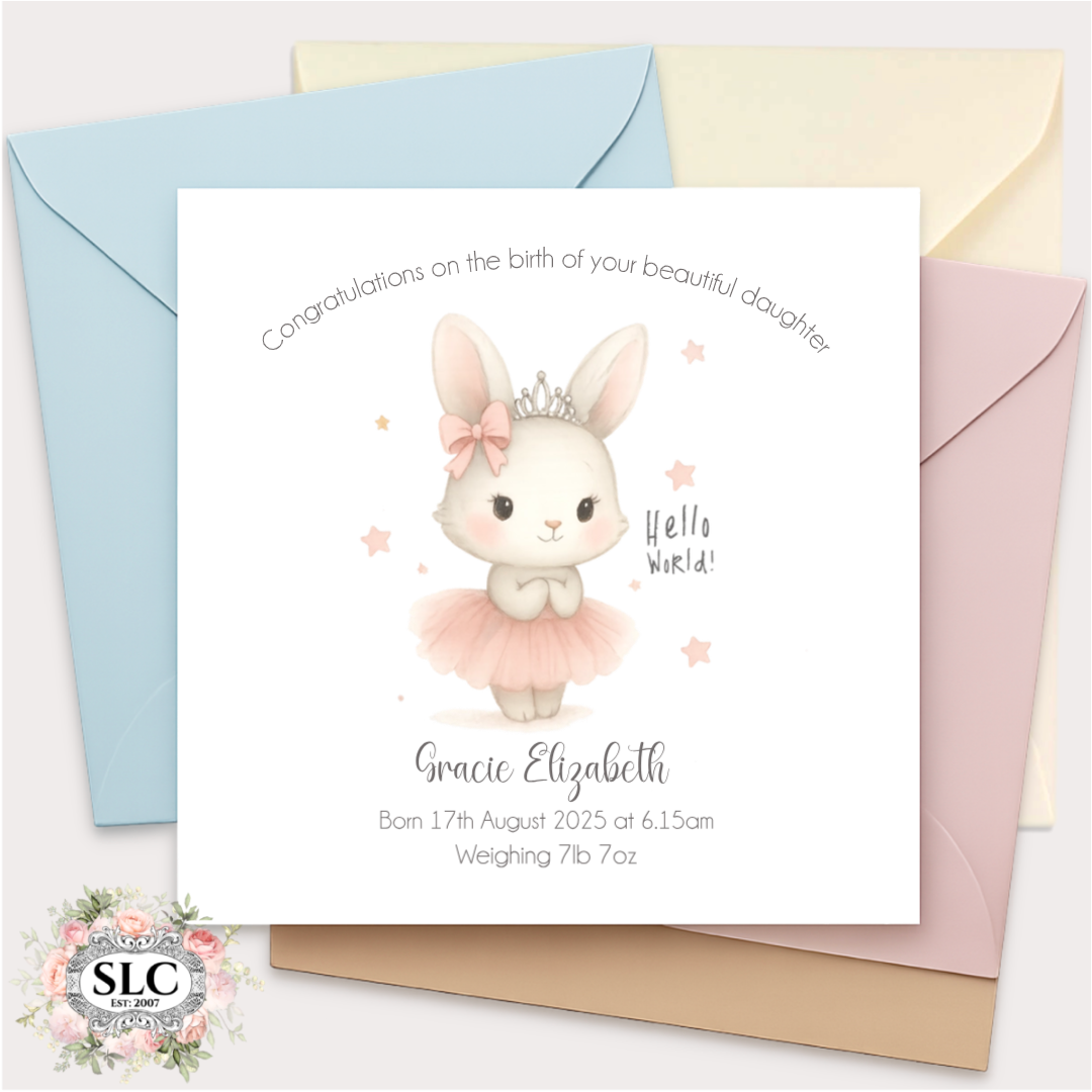 Hello World Baby Girl Card – Personalised Bunny Design