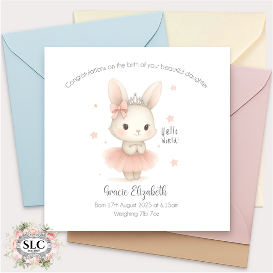 Hello World Baby Girl Card – Personalised Bunny Design