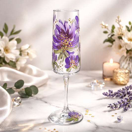 Hand Painted Personalised Champagne Flute - Lilac Bloom Design