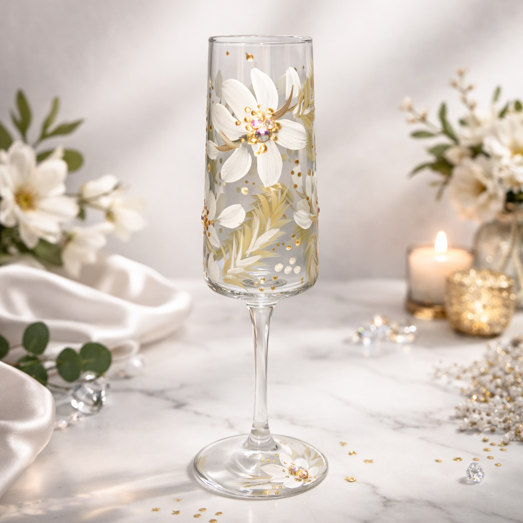 Hand Painted Personalised Champagne Flute - Ivory Pampas Design