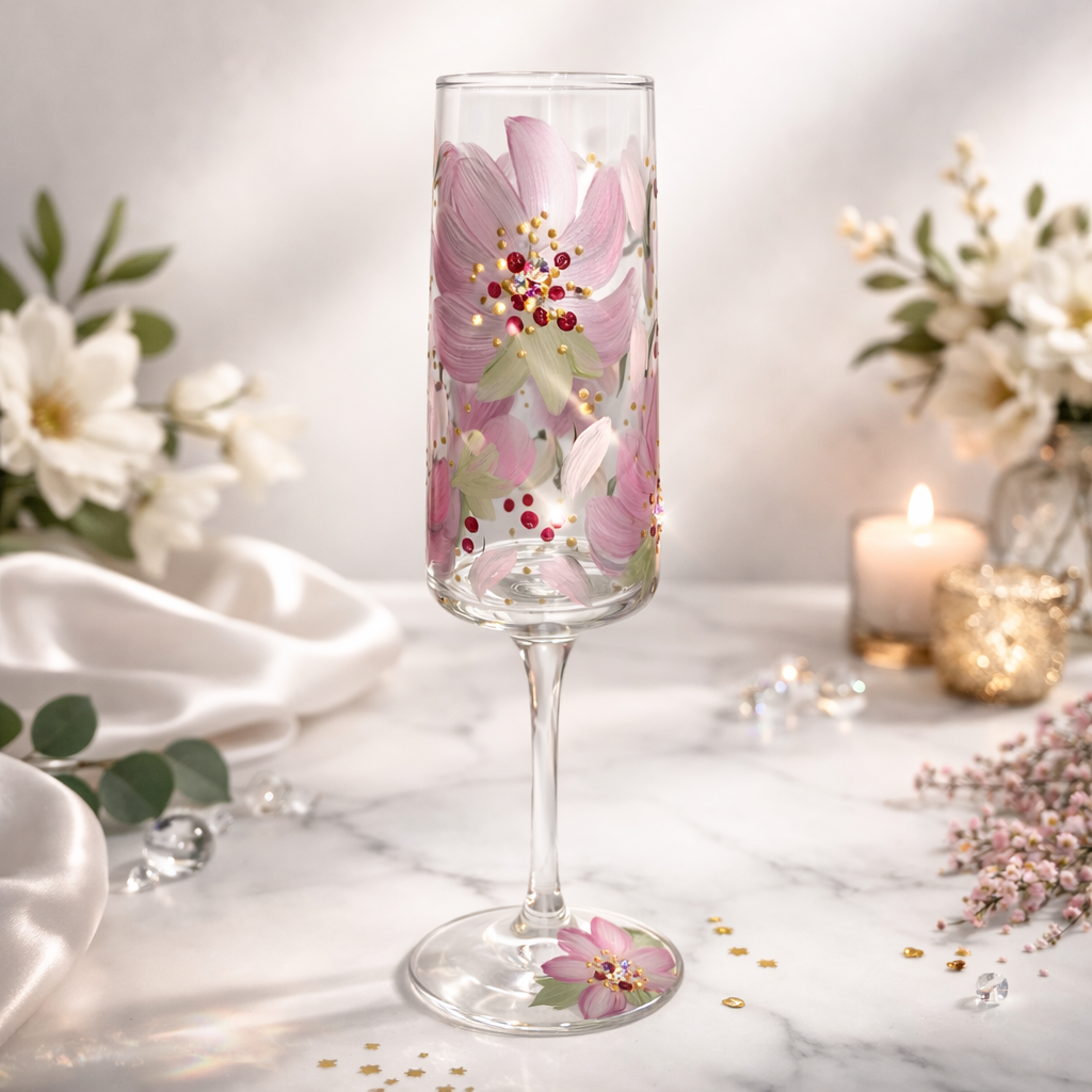 Hand Painted Personalised Champagne Flute - Pink Blush Bloom Design