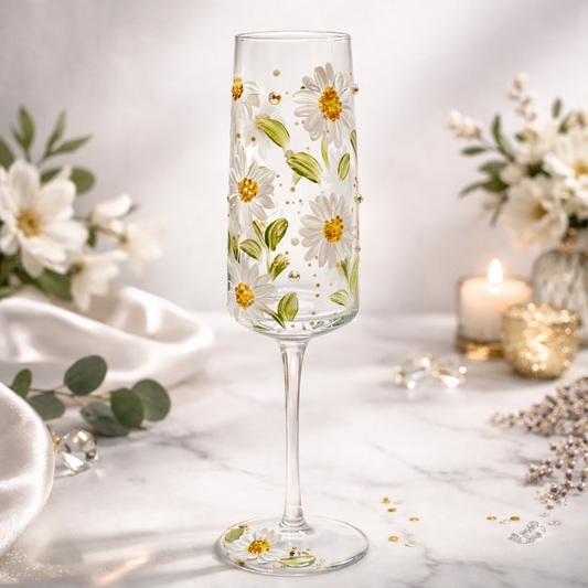 Hand Painted Personalised Champagne Flute - Daisy Design