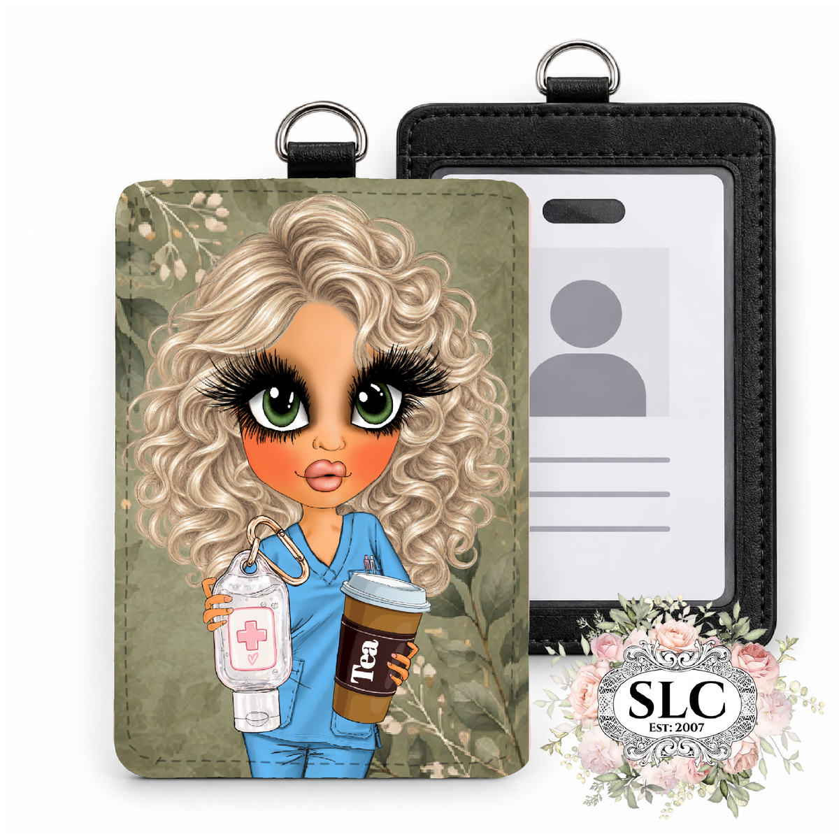 Custom printed ID badge holder featuring a cartoon illustration of a curly-haired nurse holding medical supplies and a coffee cup, shown alongside a black faux-leather holder with a blank ID card insert. A floral 'SLC Est.