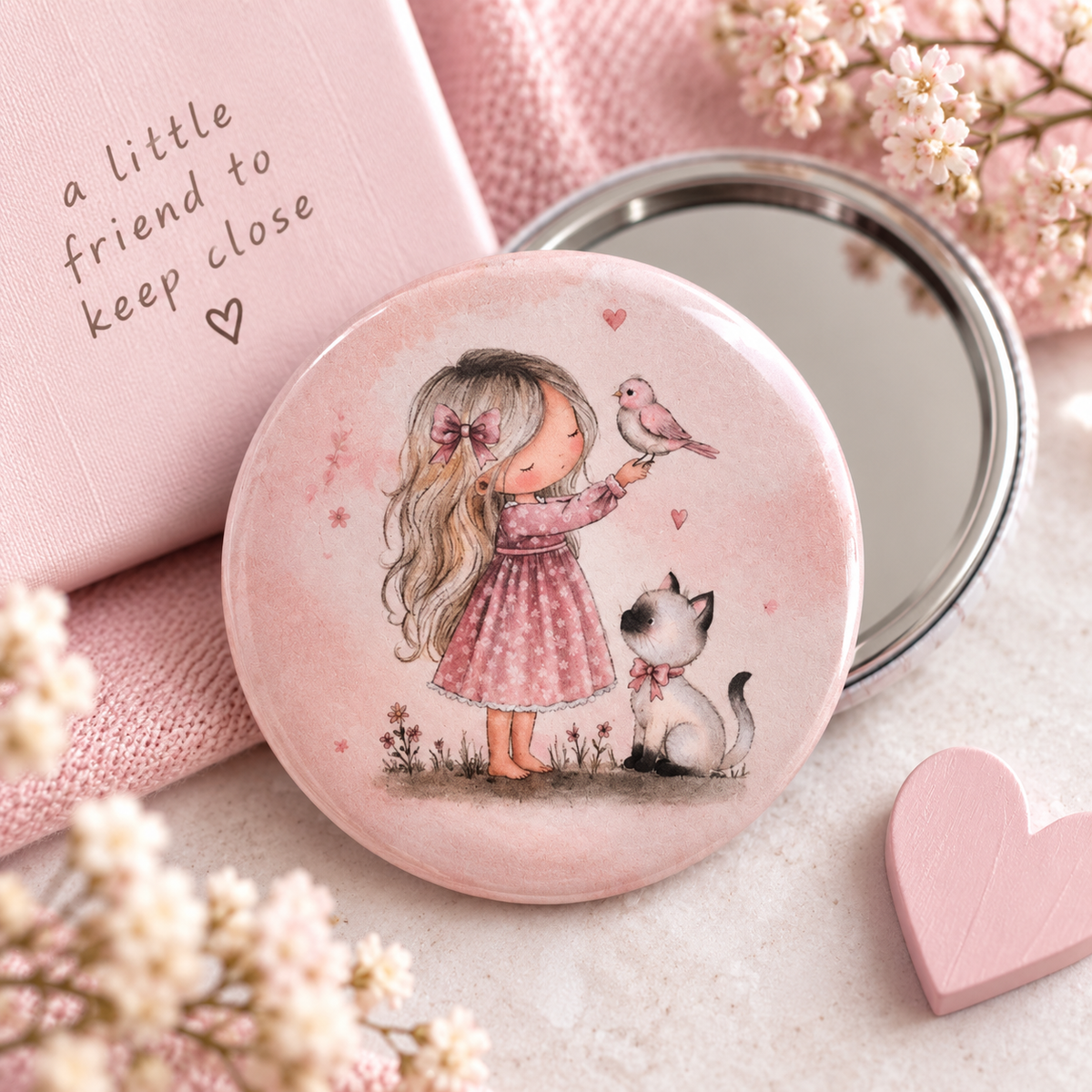 a pale pink pocket mirror collectable with a little girl with her companions a kitten and little bird tweet