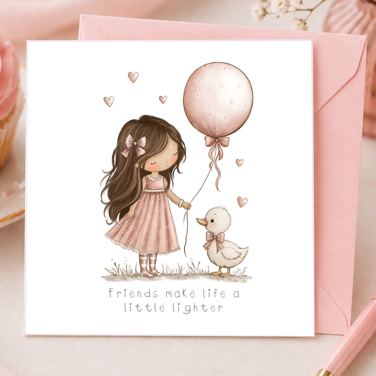 A square greeting card with a white background featuring a cute illustration of a girl in a pink dress holding a pink balloon next to a small duckling, with the text 'friends make life a little lighter'. A pink envelope is placed behind the card on a soft pastel surface.