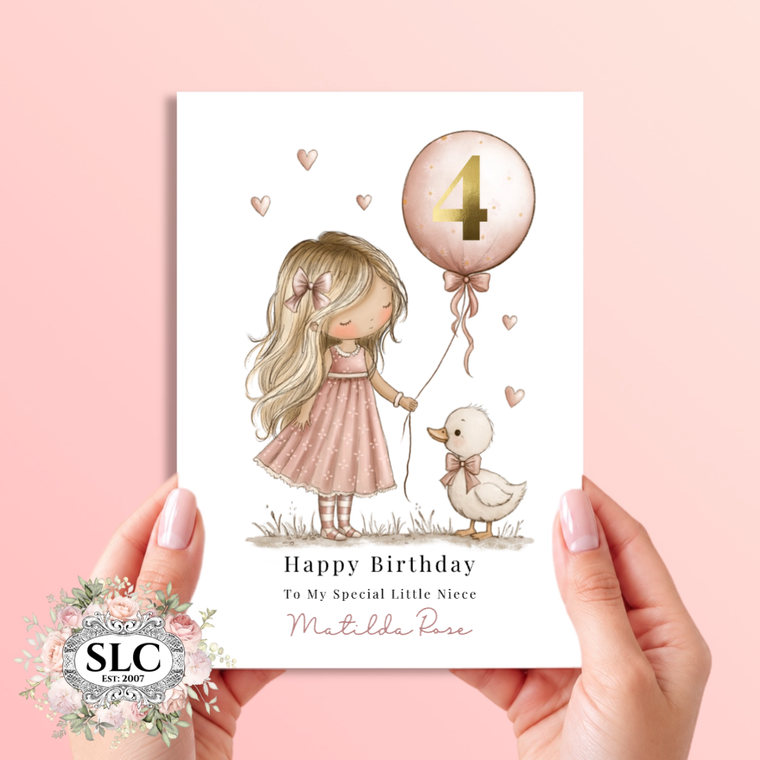 A personalized children's birthday card held by two hands against a soft pink background. The card features an illustration of a girl in a pink dress holding a pink balloon with a gold number 4, next to a small white duck.