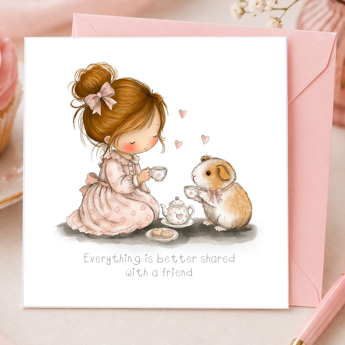 A square greeting card with a white background featuring a watercolor illustration of a young girl with brown hair in a pink bow, sitting with a small brown and white guinea pig. They are sharing a teacup and tea set, with small pink hearts floating between them.