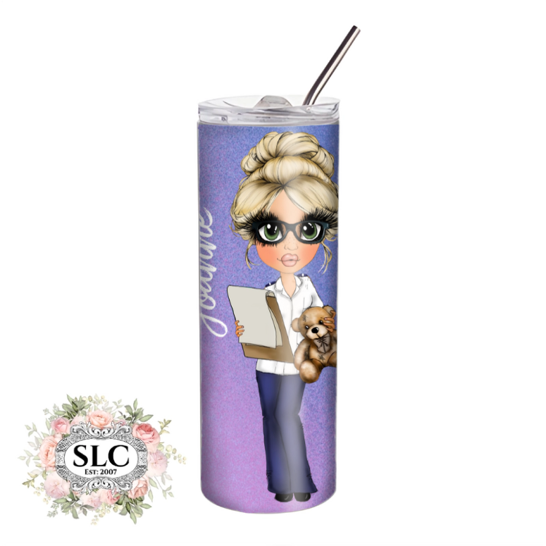 Tumbler with a design of a personalised nurse person holding a teddy bear and a tablet, on a white background. 