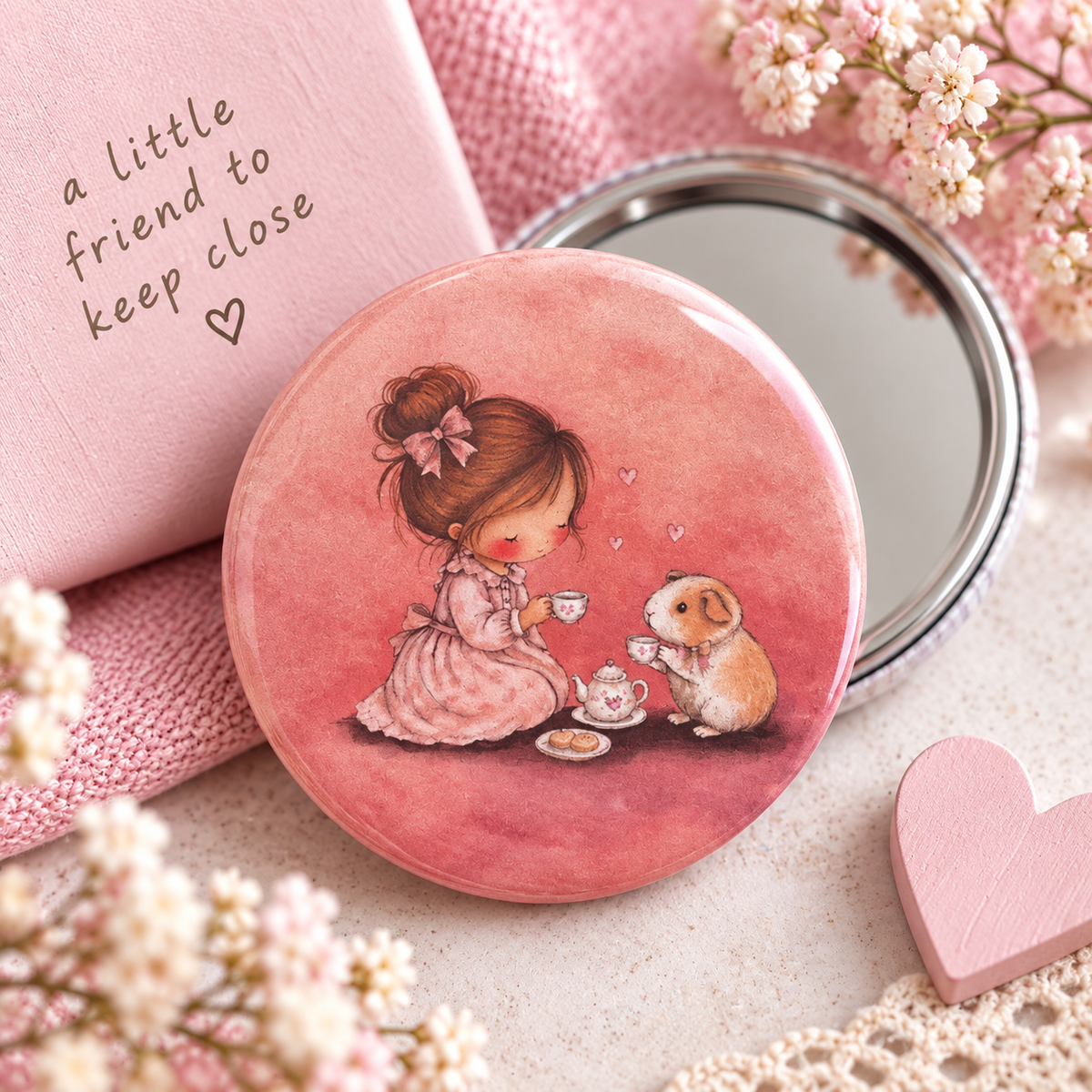 a little pocket mirror with an illustration of nyla and nibbles - the guinea pig having afternoon tea.