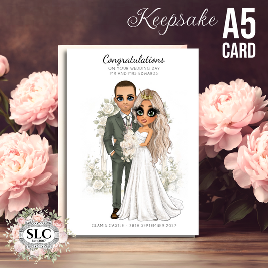 personalised with images and text. Wedding card with cartoon illustration of a couple, surrounded by pink flowers, on a wooden surface. scruffy little cat style