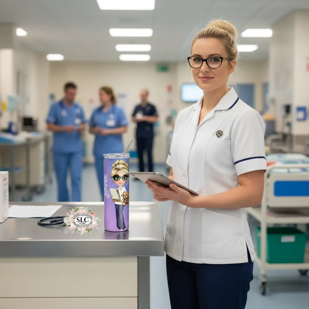 Nurse holding a tablet in a hospital setting with a personalised nurse cartoon tumbler 