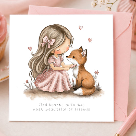 A square greeting card featuring a watercolor-style illustration of a young girl in a pink dress sitting with a fox, with small hearts and the text 'Kind hearts make the most beautiful of friends.' A pink envelope is placed behind the card on a soft pastel surface.