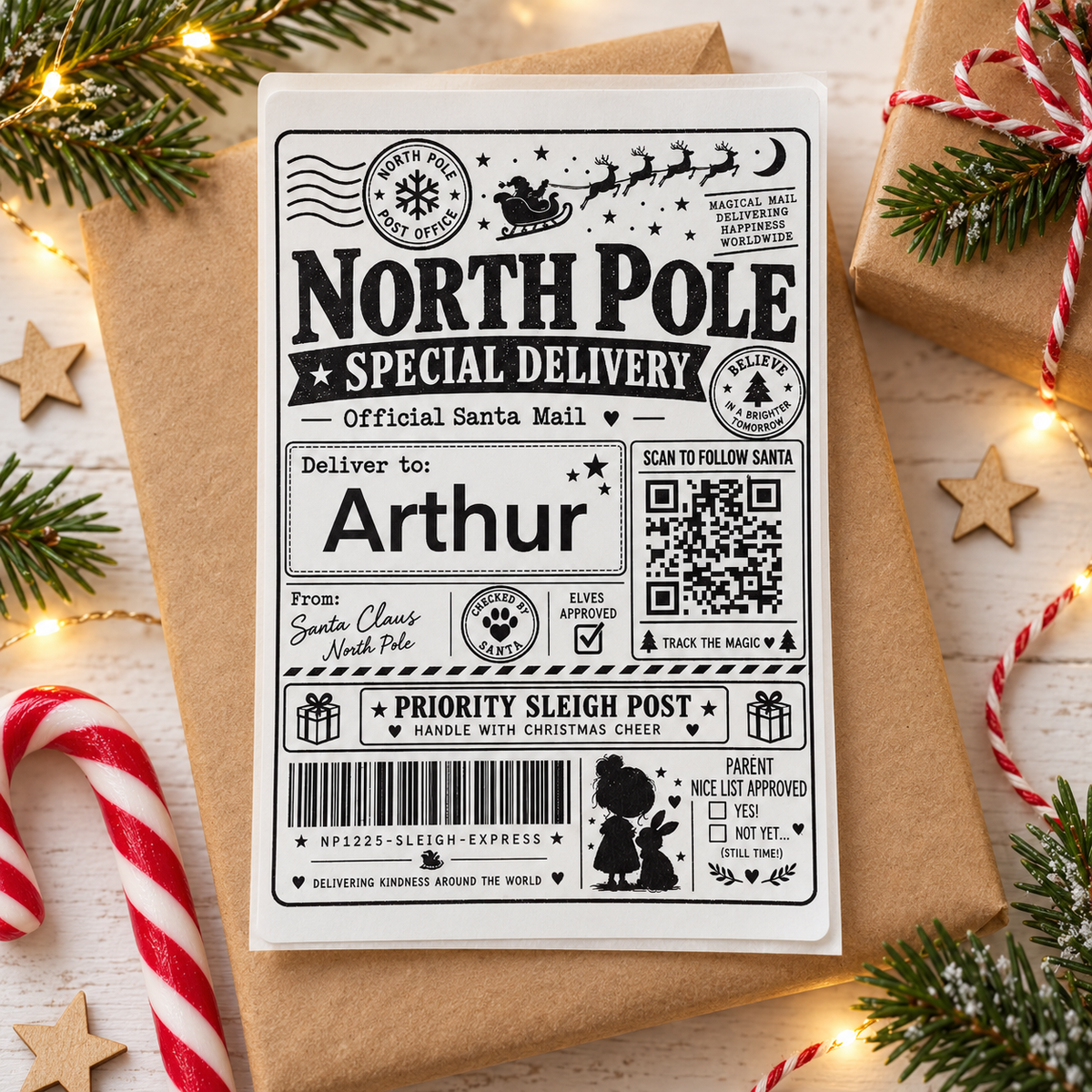 A North Pole themed holiday mailer a6 sticker with a custom 'Special Delivery' label, styled on a kraft paper envelope with Christmas decorations including pine branches, a candy cane, wooden stars, and fairy lights.