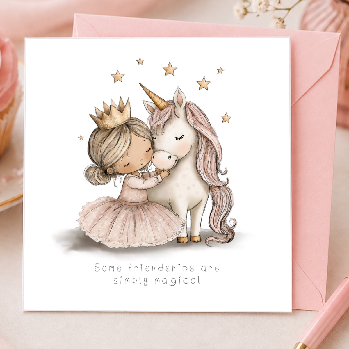unicon and little princess greetings card illustrated by scrffy little cat and part of a collection