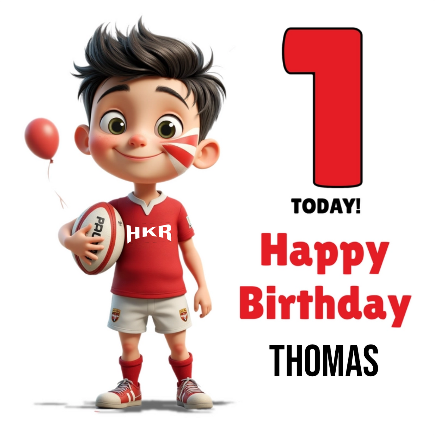 Rugby Boy Card - Brown Hair, Red & White Kit