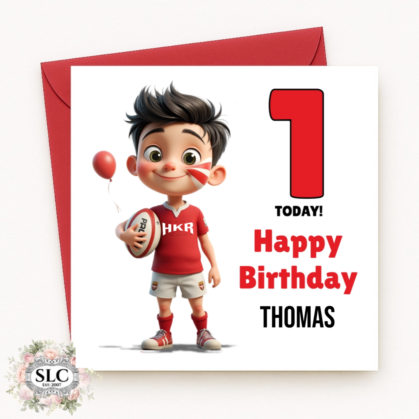 Rugby Boy Card - Brown Hair, Red & White Kit
