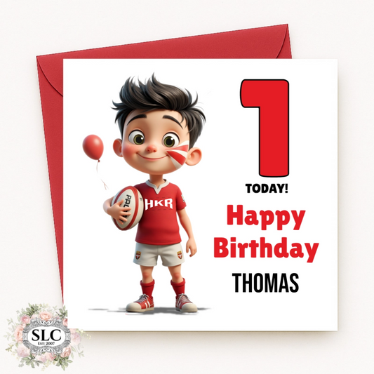 Rugby Boy Card - Brown Hair, Red & White Kit