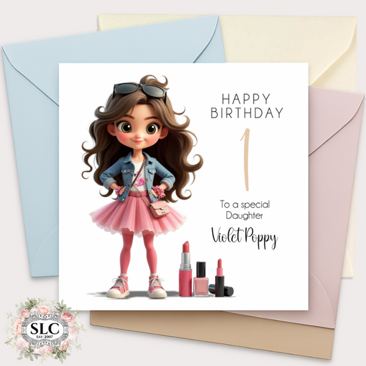 Personalised Girl’s Birthday Card – Brunette Character (Add Any Age 1-9 Years)