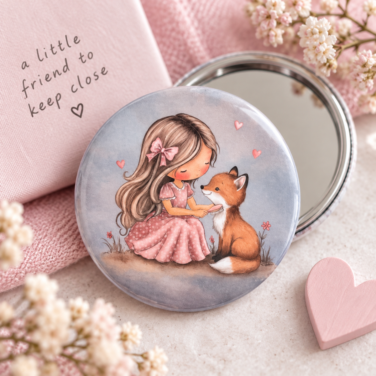 A round vanity mirror with a printed illustration of a girl in a pink dress brushing a fox, styled on a pink fabric surface with a pink heart-shaped object, white flowers, and a pink box with the text 'a little friend to keep close'. illustration by scruffy little cat