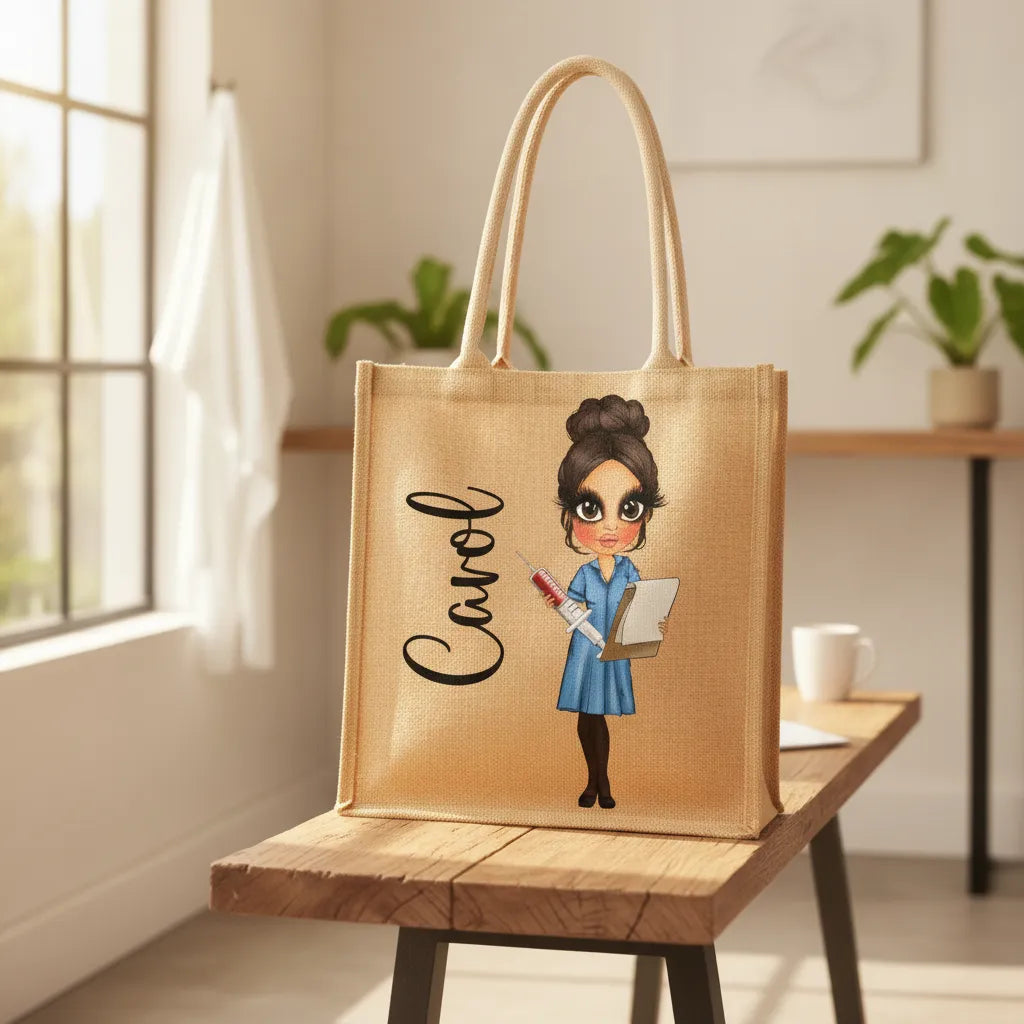 Personalised Large Nurse Jute Bag | Full Length Image