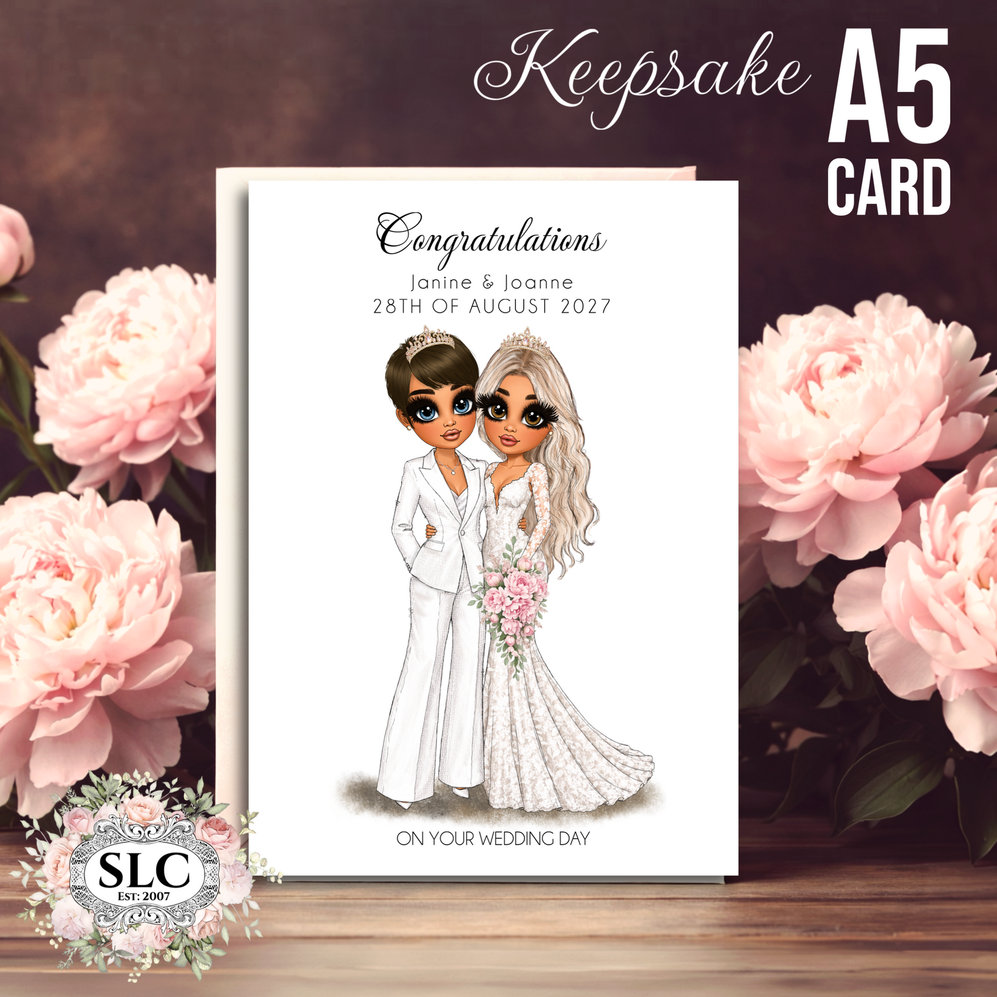 Wedding card with cartoon bride and bride design, surrounded by pink flowers, featuring SLC branding.