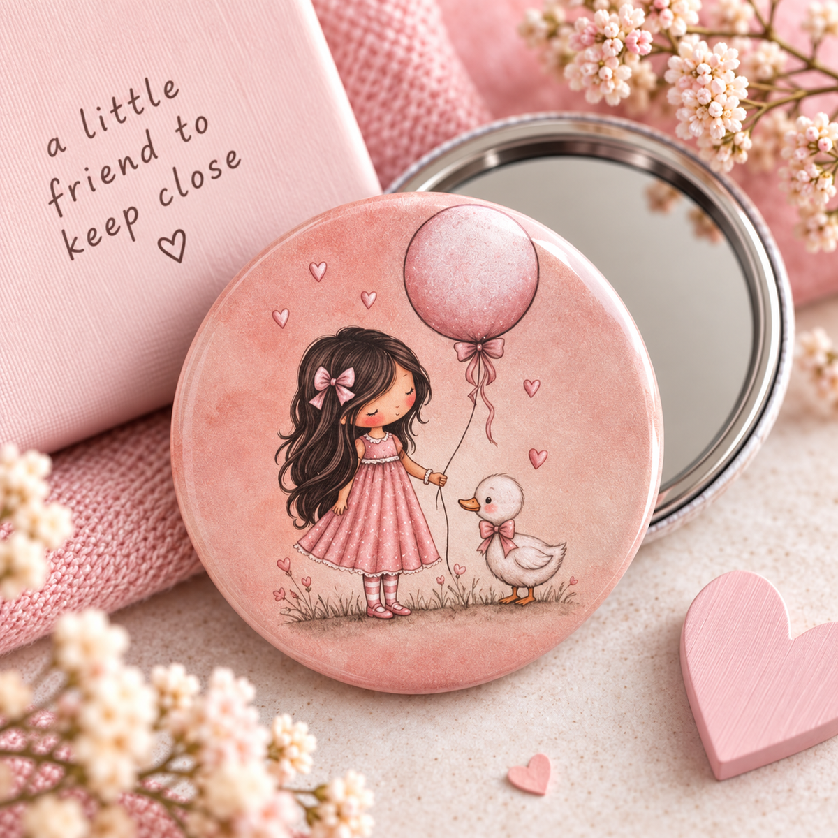 A round compact mirror with a pink watercolor illustration by scruffy little cat, of a girl with long dark hair holding a balloon next to a small duck, displayed next to its pink gift box with the text 'a little friend to keep close' and a small heart-shaped wooden block.