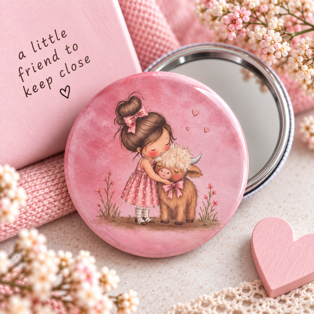A round pink compact mirror with a watercolor illustration by scruffy little cat of a girl hugging a cow, styled with a pink book, pink knit fabric, and small white flowers.