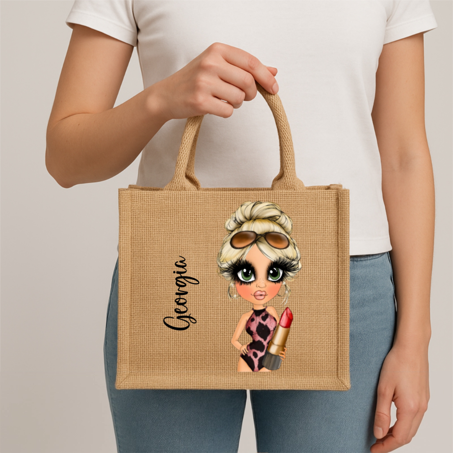 Mini jute tote: "Personalised mini jute beach tote bag, hand finished with crystals, glitter and gloss, customisable with name and character design"